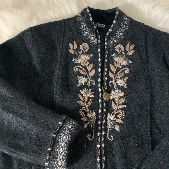 Icelandic Design 100% Wool Full Zip Fair Isle Floral Embroidered Jacket Womens M - Picture 3 of 13